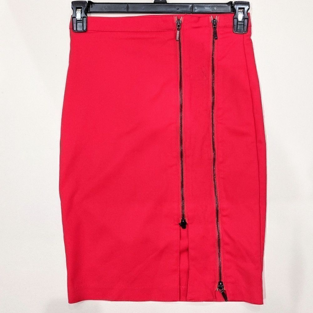 Vintage 90s Pencil Skirt Bright Red Double Zipper XOXO Midi Length Party EUC 4